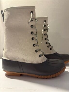 Totes Rain Boots Women’s Two-Tone Lace-Up Duck Boots in White and Brown